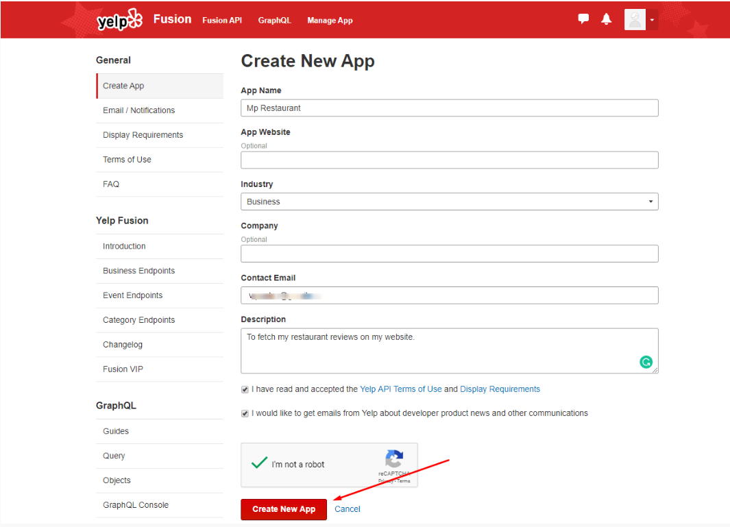 yelp configuration create new app