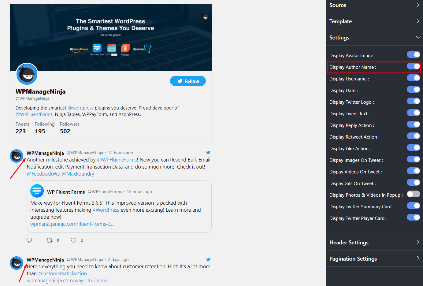 Display Author Name Twitter feed settings