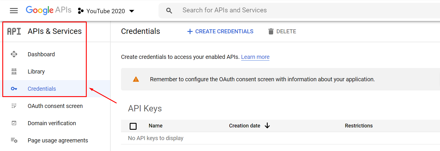 API credentials youtube configuration