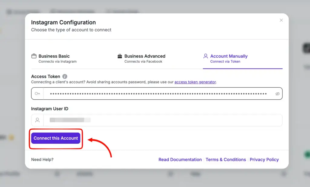 Manual instagram account connection with wp social ninja via access token