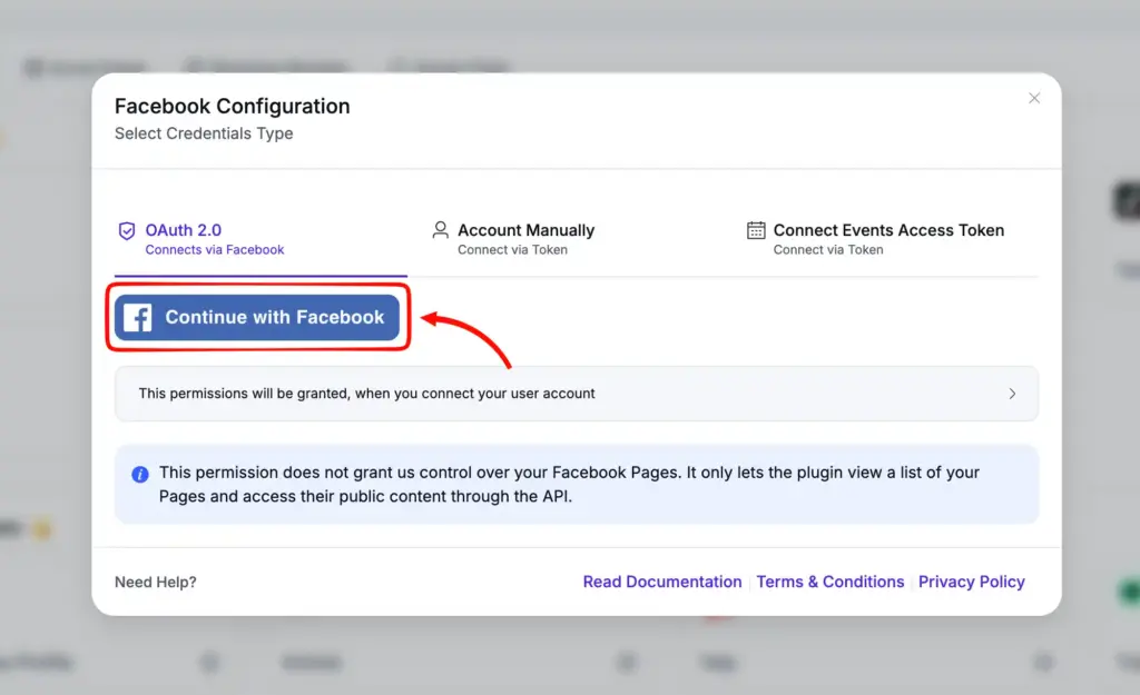 Facebook business page connection CTA inside wp social ninja dashboard