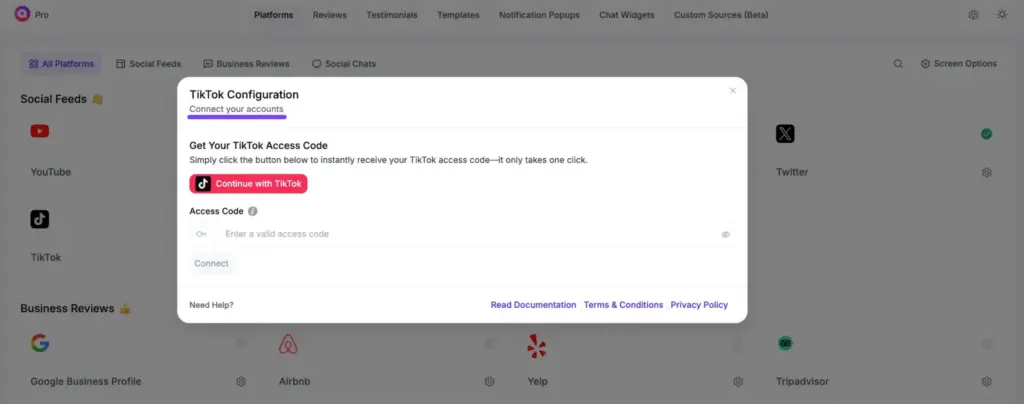 TikTok access code generator option inside WP Social Ninja dashboard