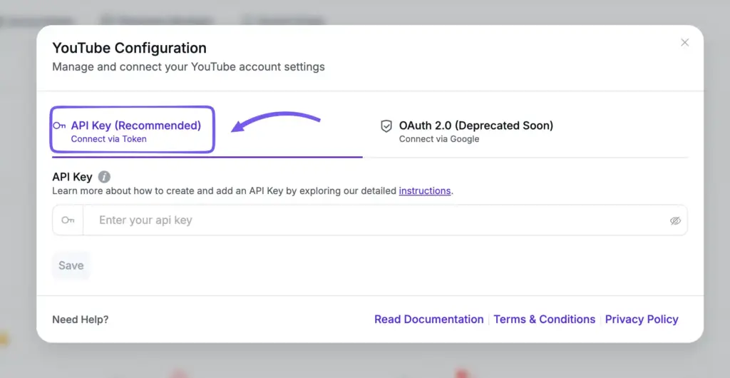 API key creation option for youtube channel connection with WP Social Ninja