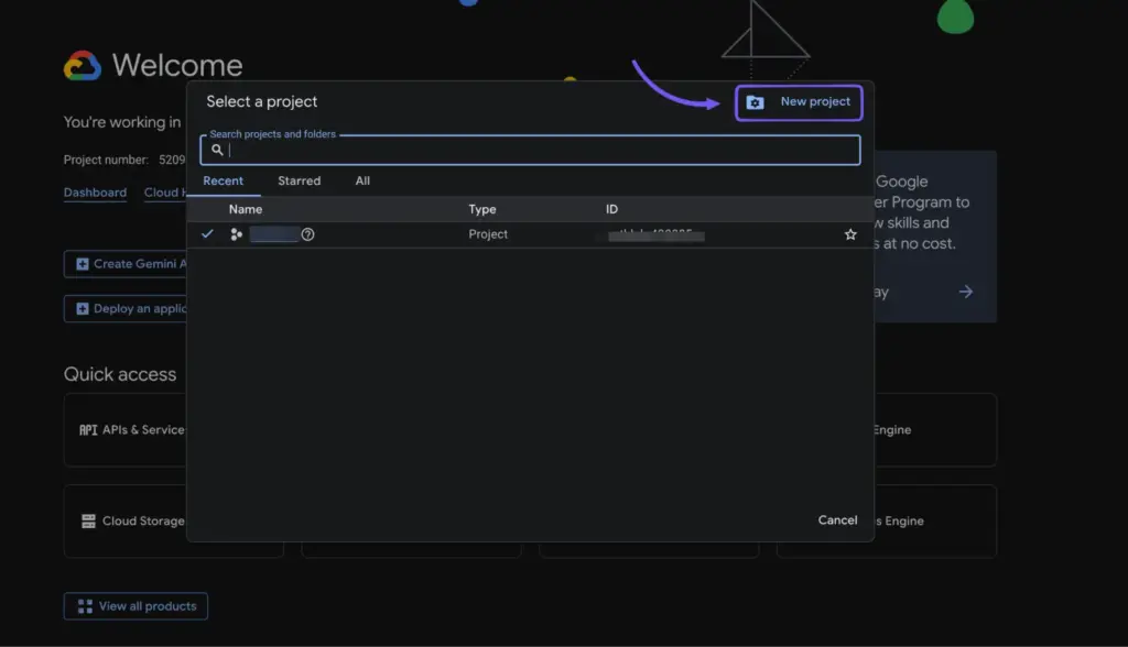 New project creation in Google cloud console