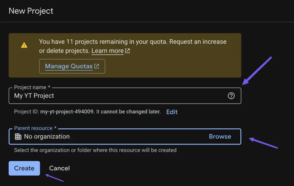Created new project for YouTube integration