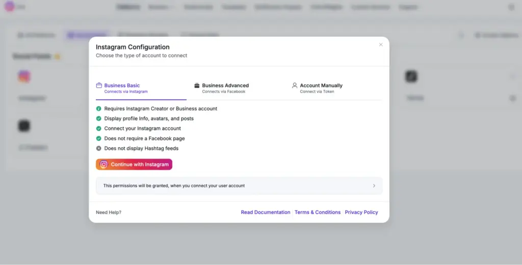 Myultiple types of methods to connect Instagram accounts on WordPress with WP Social Ninja