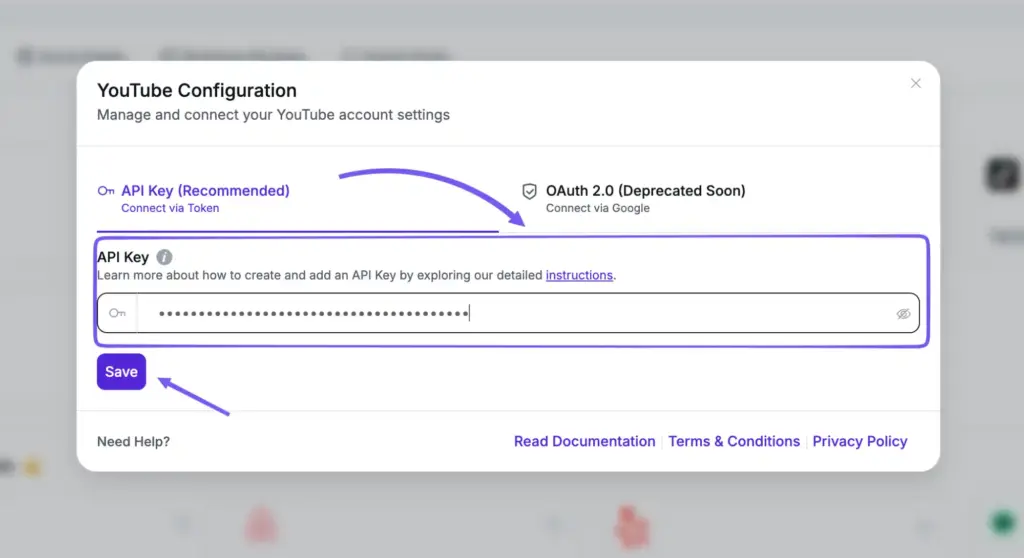 YouTube API key configuration with wp social ninja