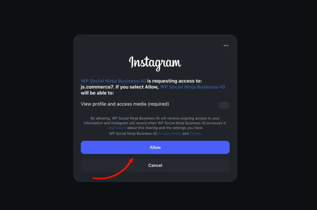 Permission granting to WP Social Ninja to connect Instagram business basic account
