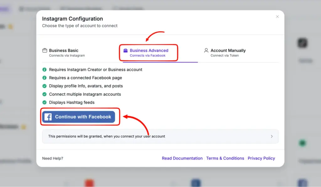Instagram advanced business account connection option of WP Social Ninja