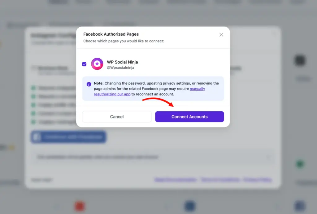 Final step of connecting Instagram business account linked with a Facebook page with WP Social Ninja