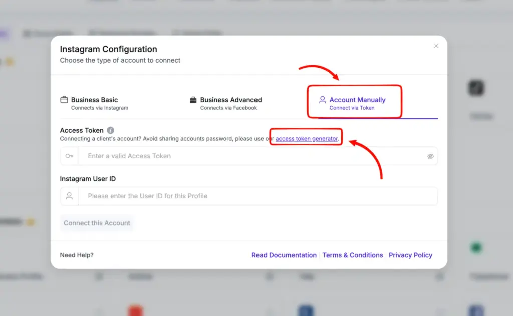 Access token generator for Instagram account connection manually with WP Social Ninja