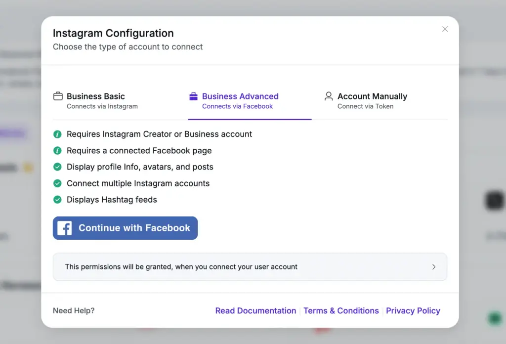 connect instagram with business advanced option