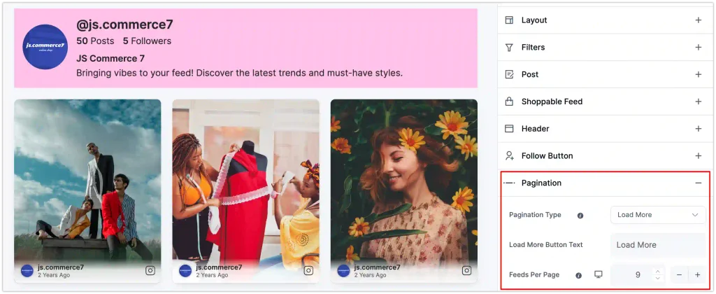 Choose None or a Load More button for feeds with many posts.
