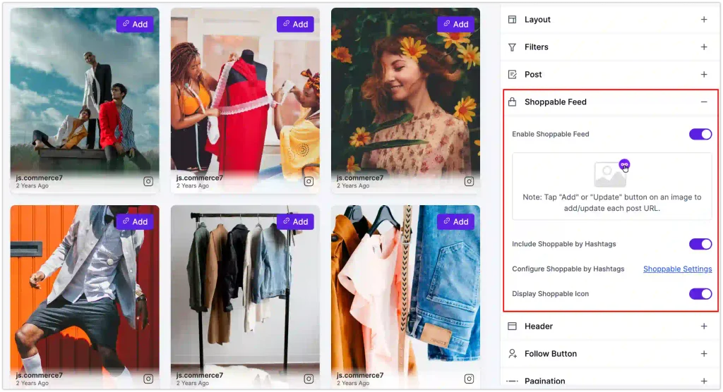 Enable the shoppable feed, then attach product URLs to posts.