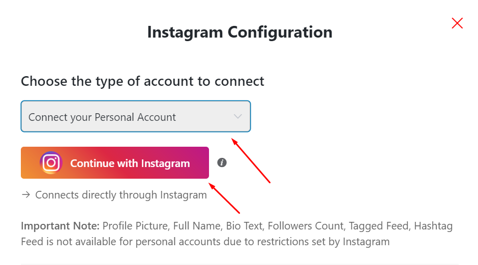 Instagram feeds connect with personal account