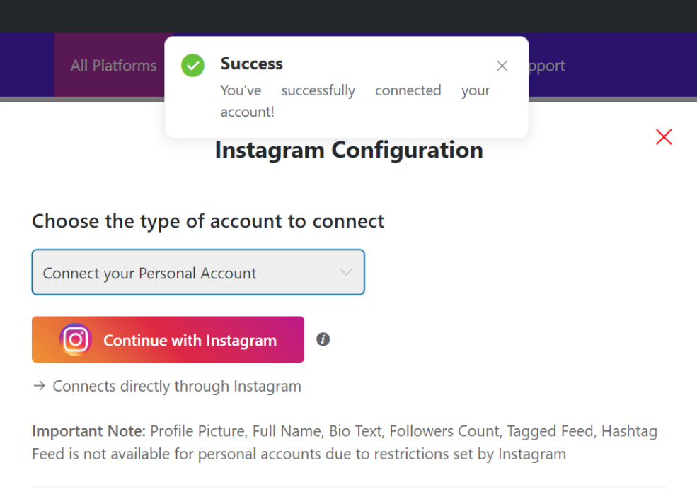 Successfully connected personal account for embedding Instagram feeds