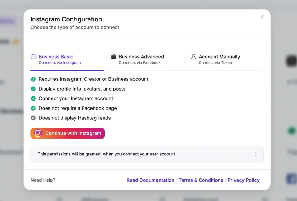 instagram configuration to connect your account