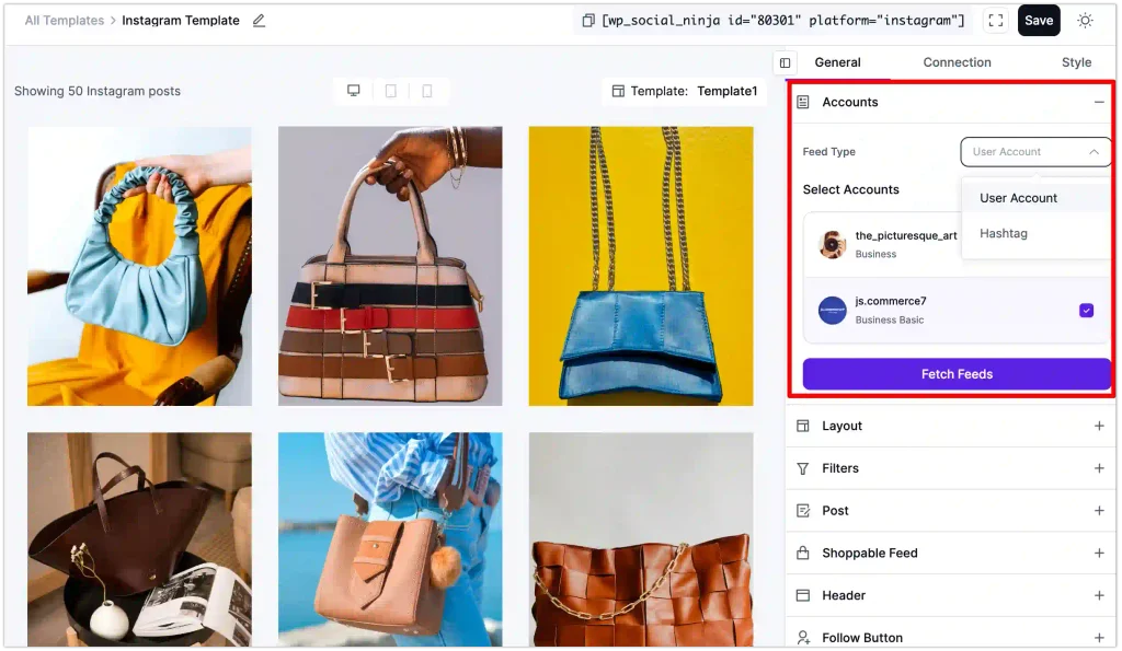 Set the feed source: User Account or Hashtag, then Fetch Feeds.