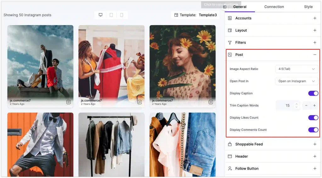 Control the aspect ratio, click behavior, captions, and engagement counts.