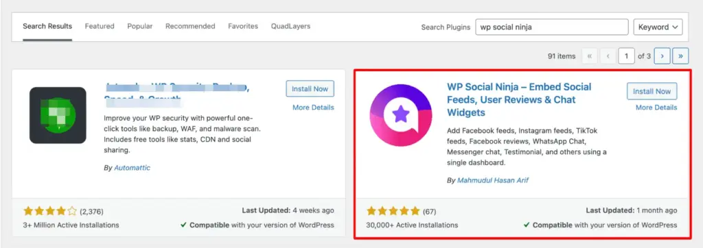 install wp social ninja from dashboard