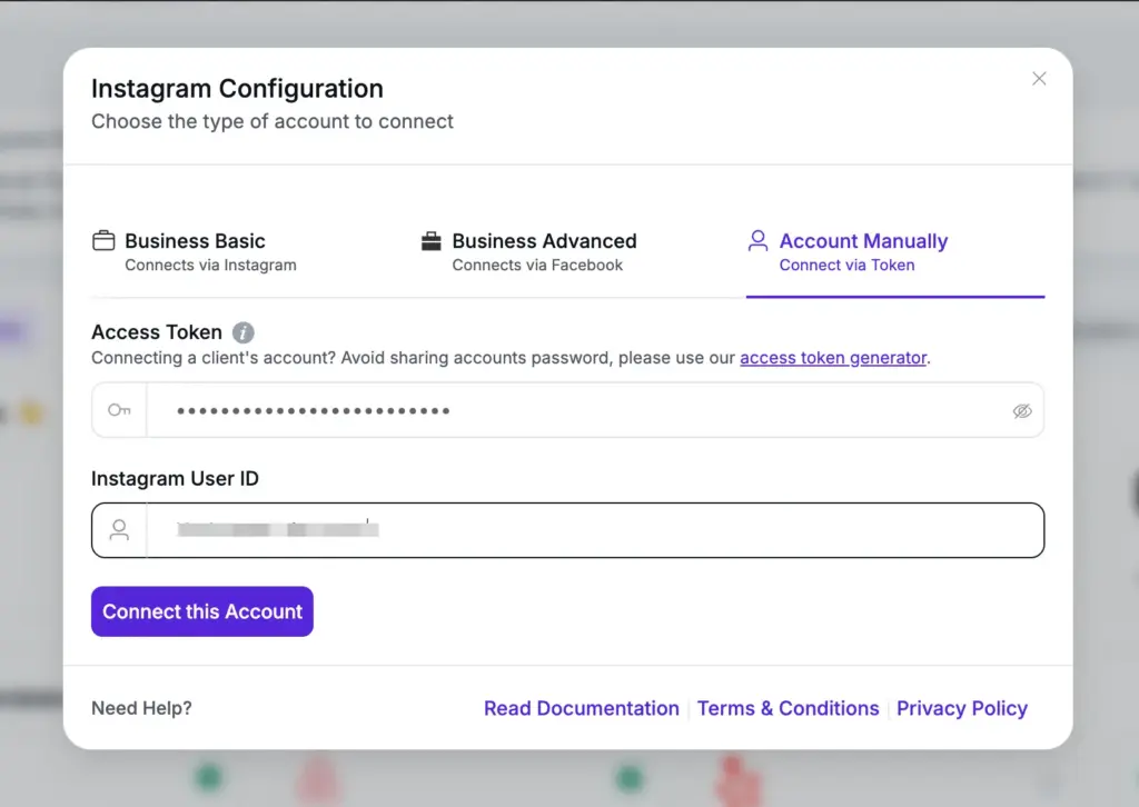 manual instagram configuration