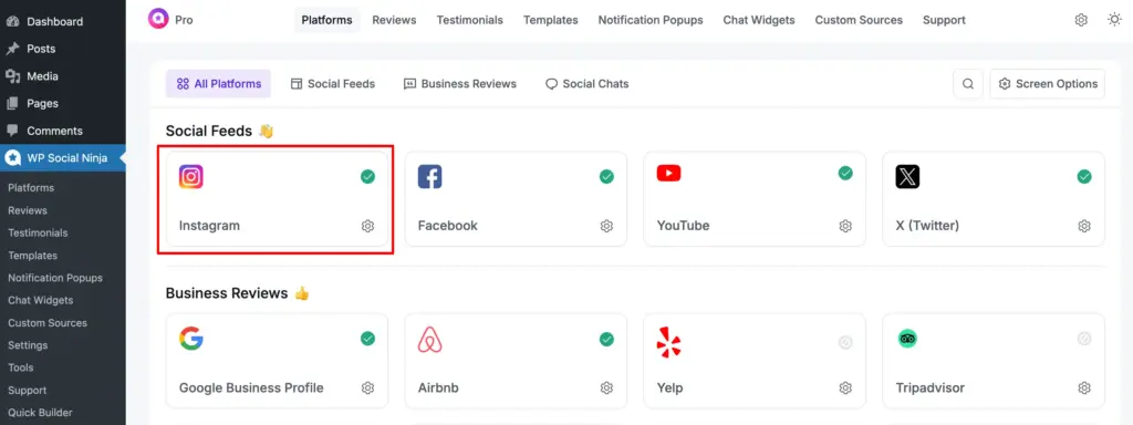 select instagram from wp social ninja dashboard
