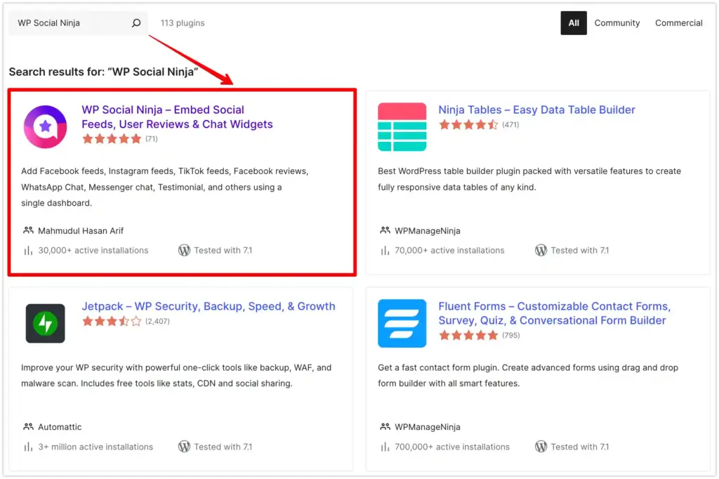 WP Social Ninja search result from WordPress Org