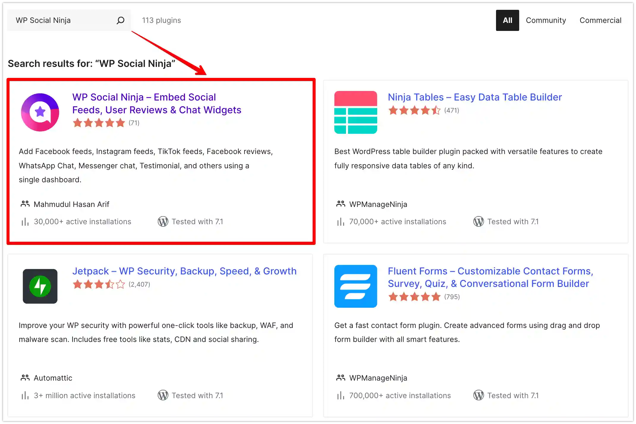 WP Social Ninja search result from WordPress Org