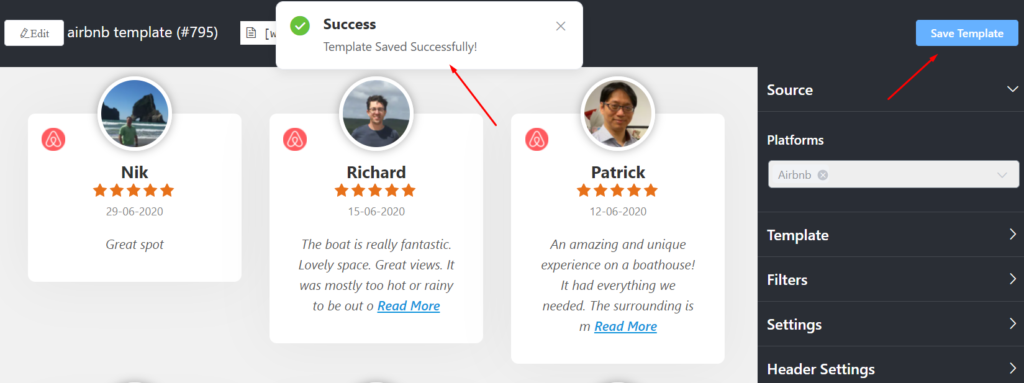 Save your template to display Airbnb reviews 