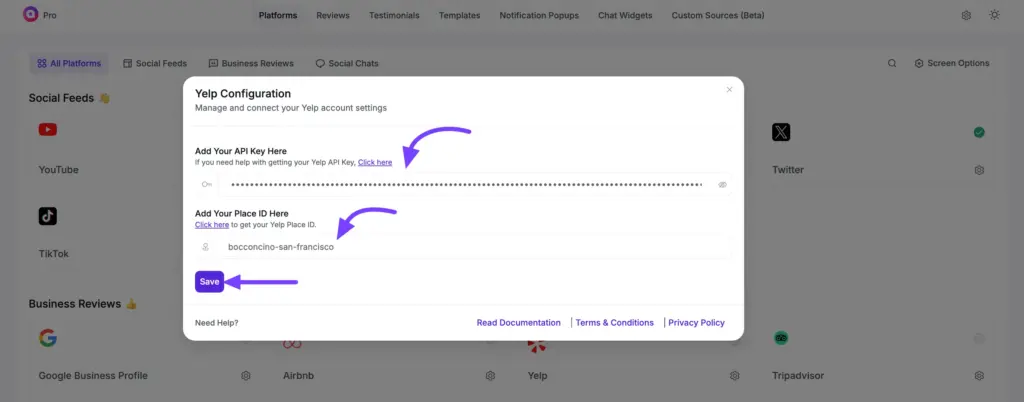 yelp business review configuration