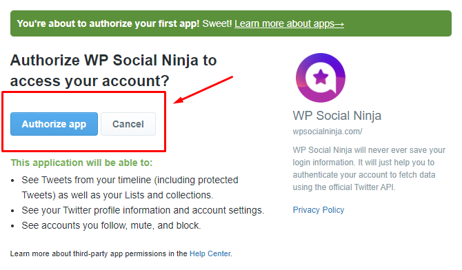 Twitter feed authorize app