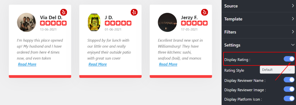 Yelp reviews display rating