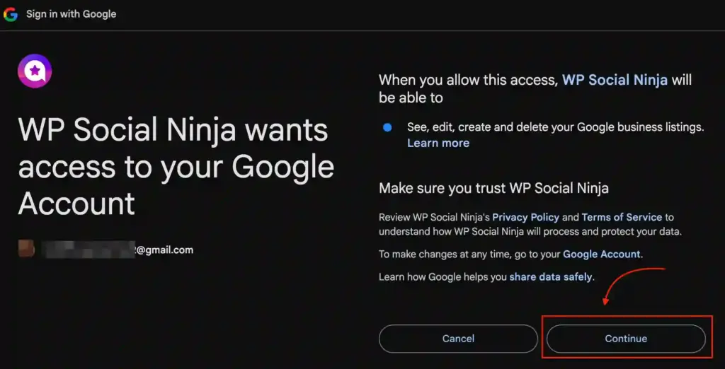 Google permission screen showing the Continue button to grant WP Social Ninja access