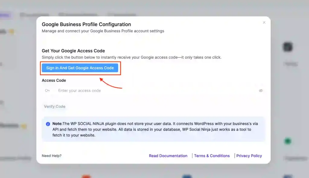 Google Business Profile configuration screen in WP Social Ninja showing the Sign in and Get Google Access Code button