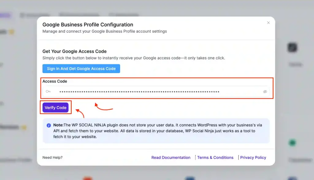 Google Business Profile configuration screen in WP Social Ninja showing the access code field and Verify Code button