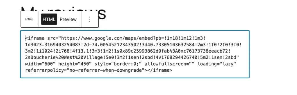 Custom HTML block in WordPress showing a Google Maps embed iframe code