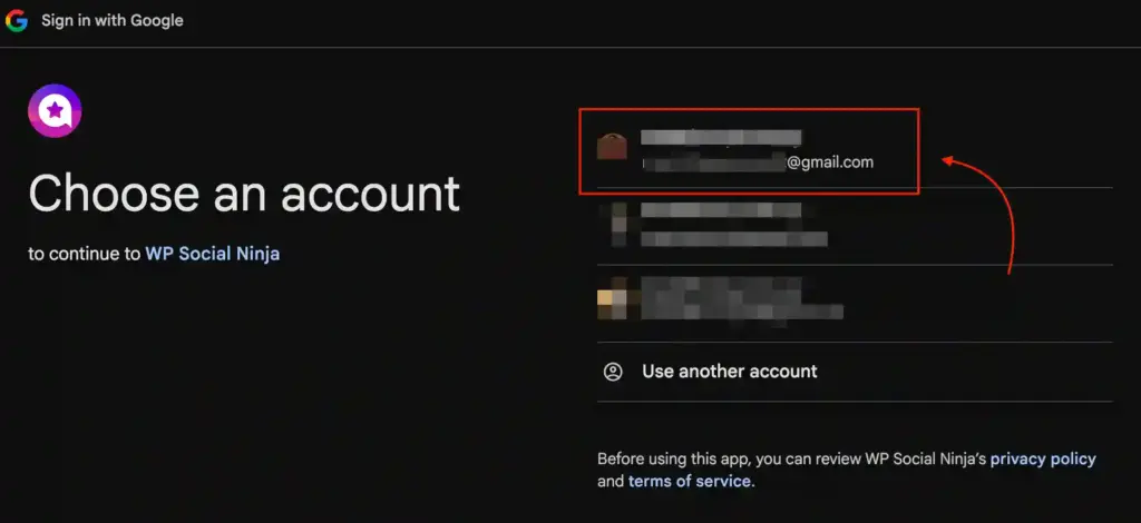 Google sign-in account selection screen for WP Social Ninja integration