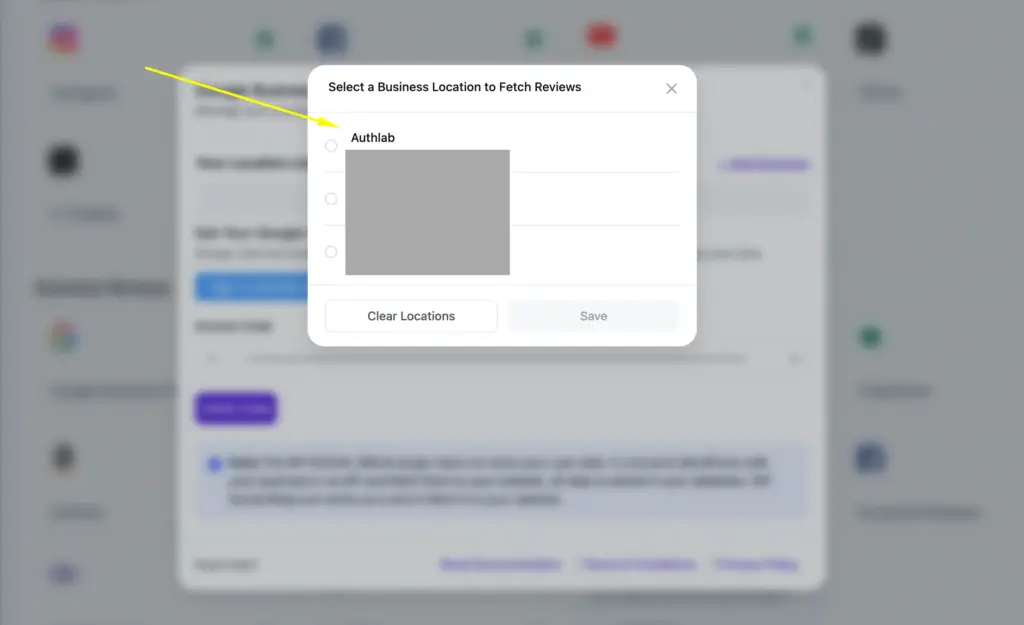 Business location selection popup in WP Social Ninja for adding Google reviews