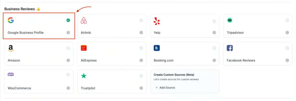 WP Social Ninja dashboard showing the Google Business Profile review integration option