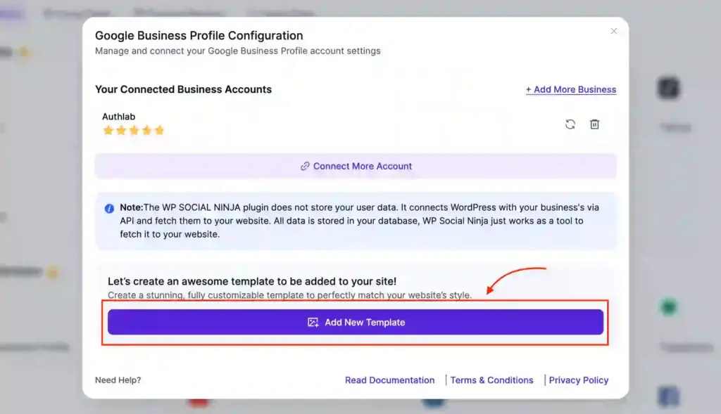 Add New Template button in the Google Business Profile screen of WP Social Ninja