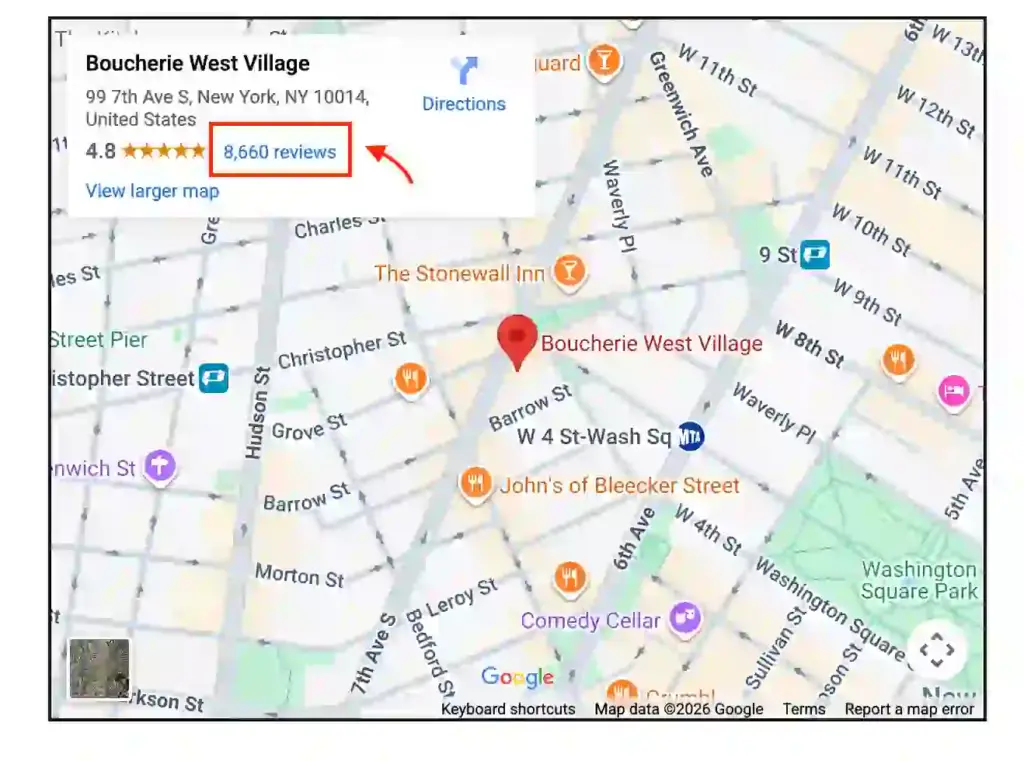 Preview of a Google Maps embed showing business rating and review count in WordPress