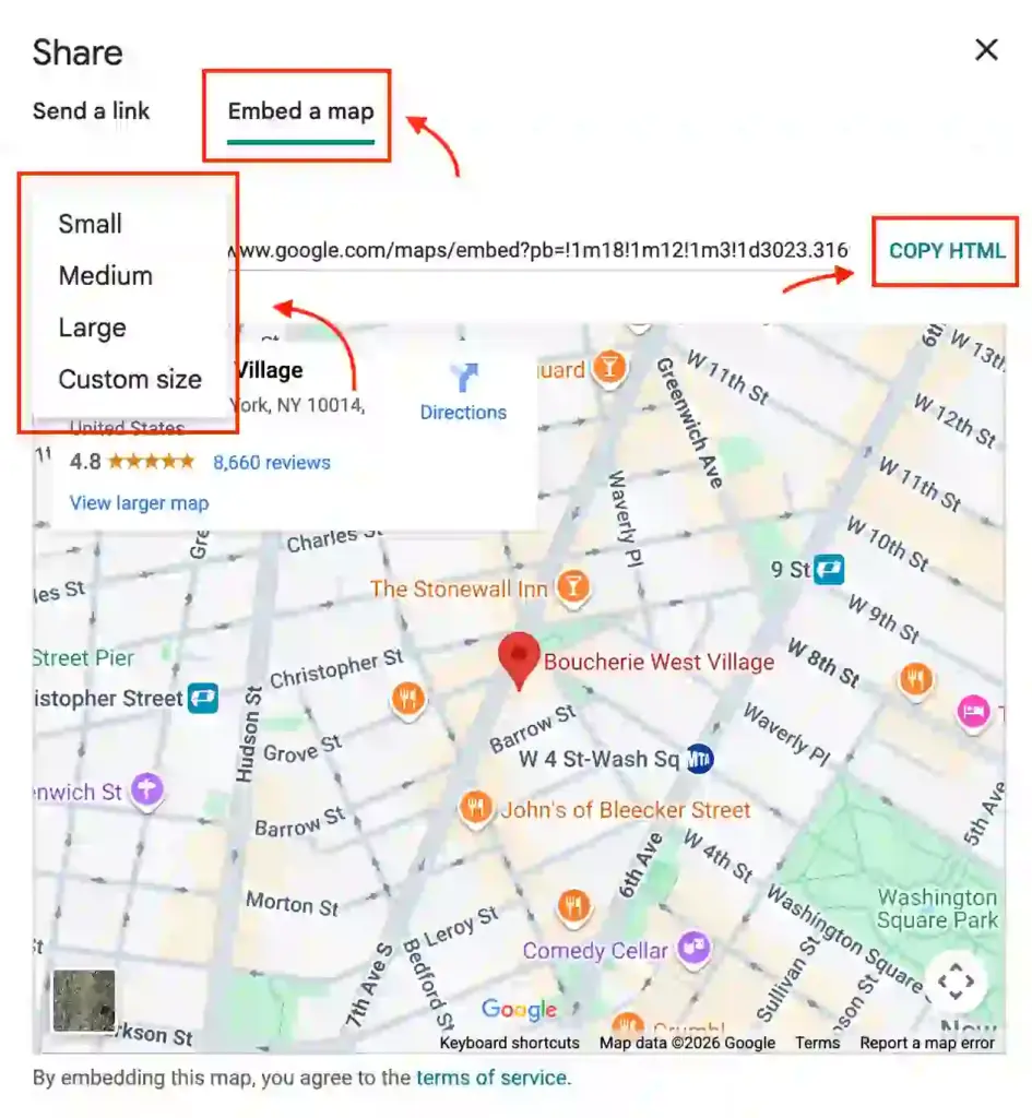 Google Maps interface showing the Embed a map option and Copy HTML button
