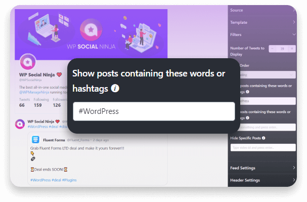 WP Social Ninja features hashtag or searchterm