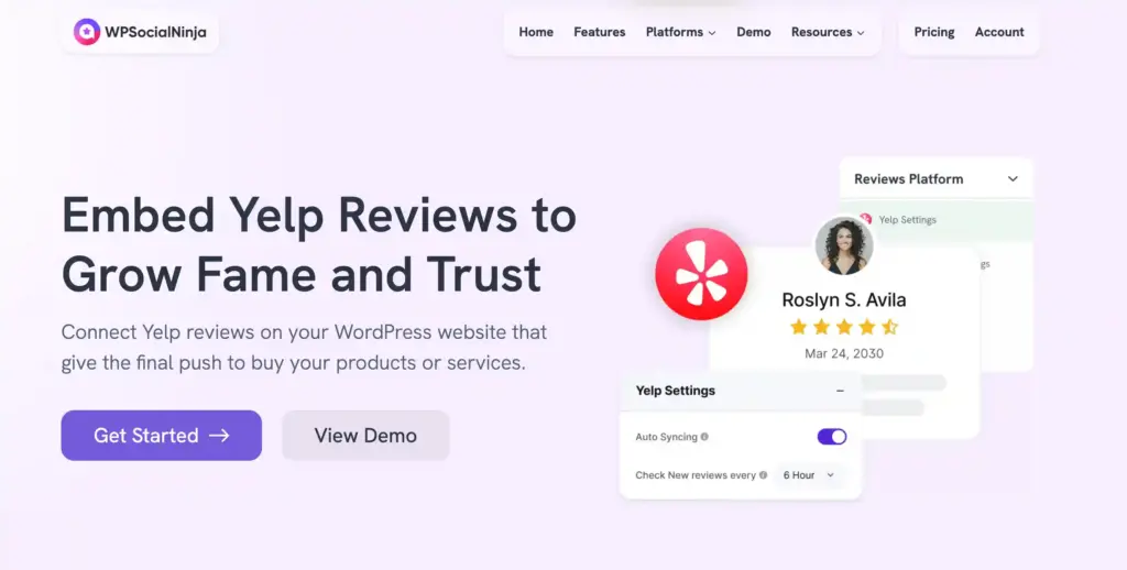The Yelp reviews landing page of WP Social Ninja