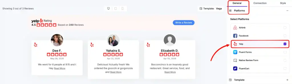 The Platform tab inside WP Social Ninja customization pannel showcasing Yelp as connected