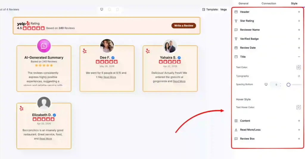 Style settings for Yelp reviews customization with WP Social Ninja