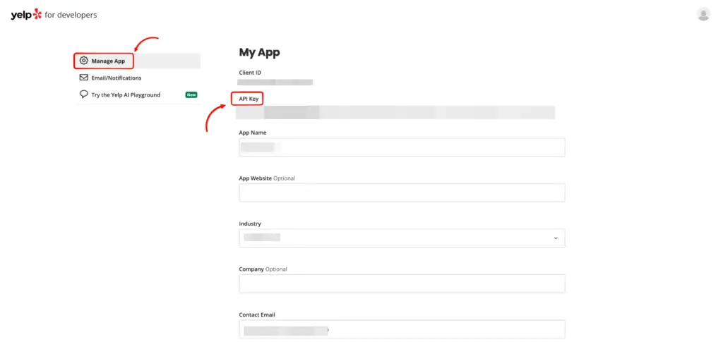The unique Yelp App API key for businesses