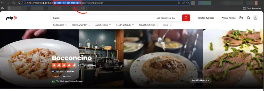 The Place ID for the listed businesses in Yelp