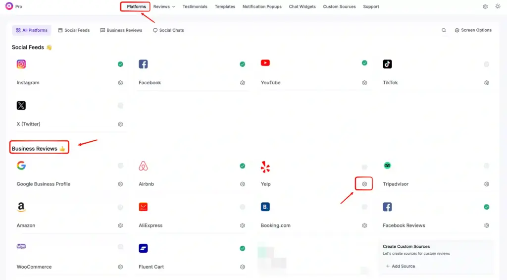 WP Social Ninja dashboard showcasing Yelp reviews integration option inside the Business Reviews section