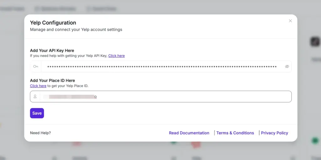 WP Social Ninja dashboard showing the API Key and Place ID fields to embed Yelp reviews